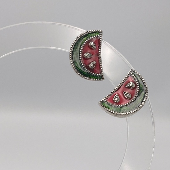 Vintage Avon Watermelon Slice Post Earrings Red Green Enamel Silver Tone Reto - Picture 11 of 11